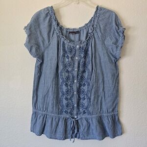 Women's Large Stripe Button Front Top Y2k 90s Ruffled Hem Embroidered Drawstring